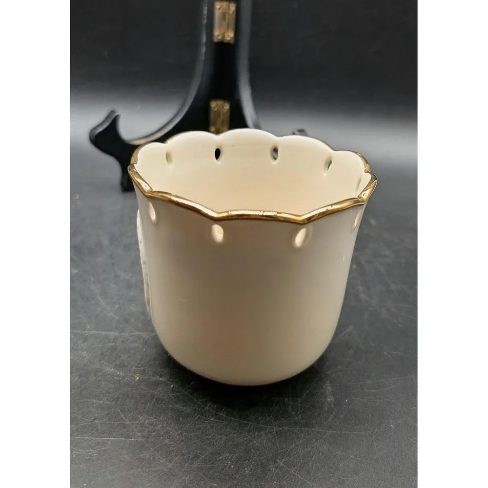 Lenox Ivory China Praying Angel Votive Candle Holder Gold Trim Pierced Scalloped